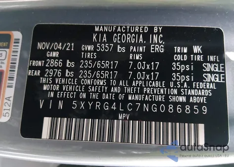 2022 Kia Sorento Lx from USA, damaged, VIN 5XYRG4LC7NG086859